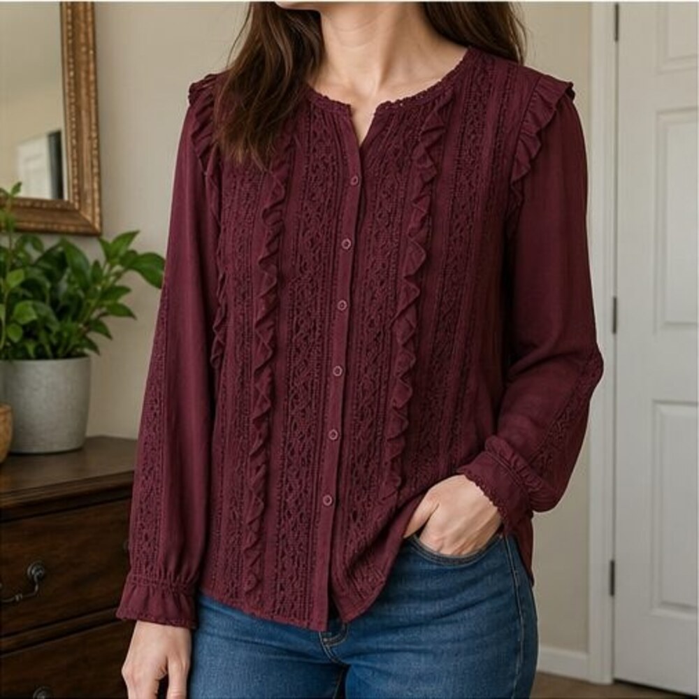 Burgundy Ruffle Blouse - Picture 2 of 6